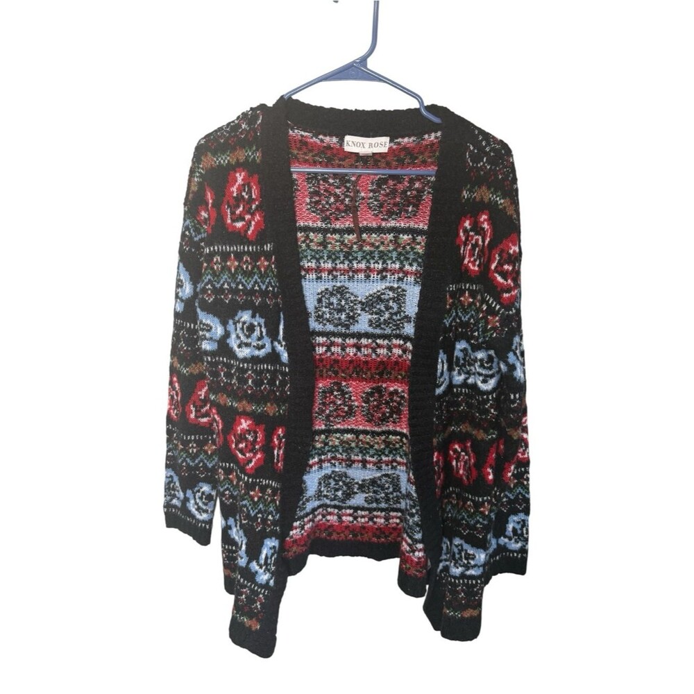 Knox Rose Black Red Floral Knit Cardigan Sweater Size M Medium Open Front Boho